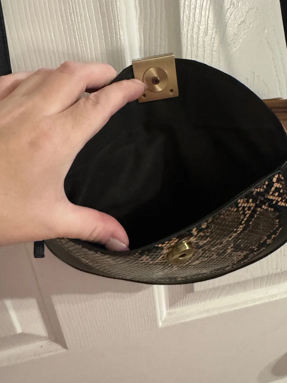 Women’s Half-Moon Crossbody Bag in Tan, Black & Snake Print